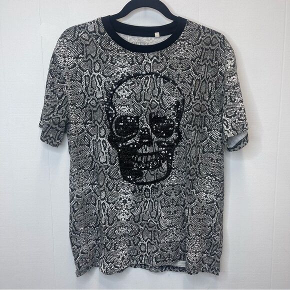 Guess Women’s Size Large Snake Print Skull Tee Top Black and Gray Sequin Rock - Picture 2 of 8